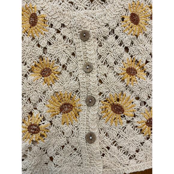Rebellion Crochet Vest Small Sunflower Embroidered Button Front 100% Cotton Boho - Picture 6 of 8